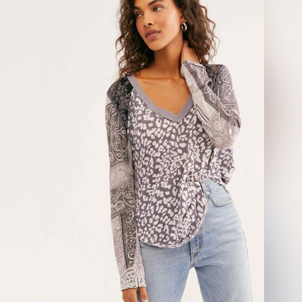 Free People Friday Night Long-Sleeved Mixed-Print T-Shirt Size Small